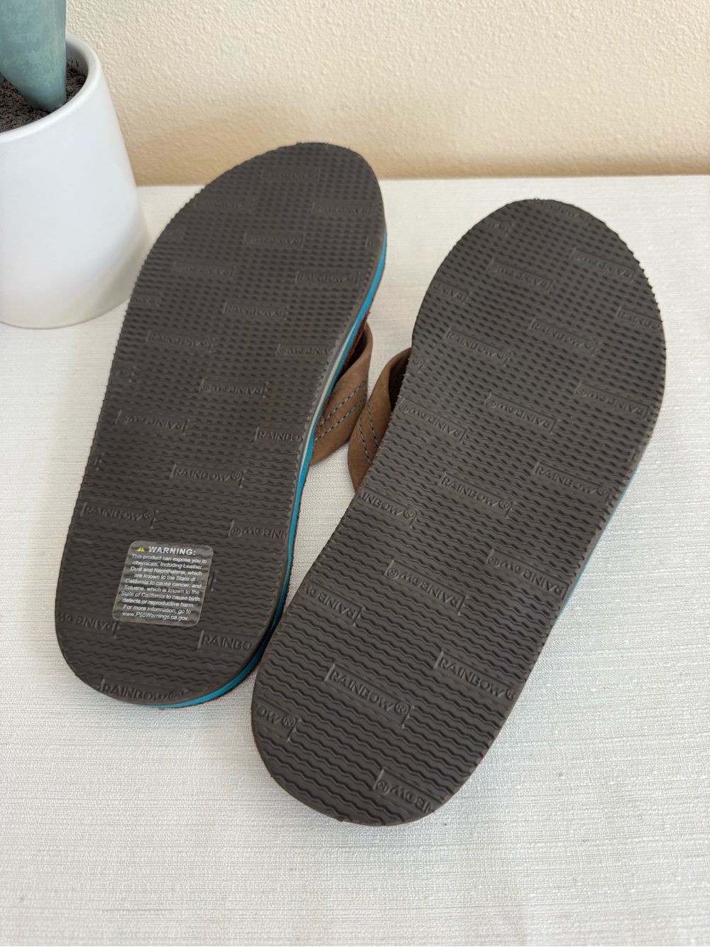 New Rainbow Brown Leather Flip Flop Sandals with Teal Midsole - Picture 10 of 12